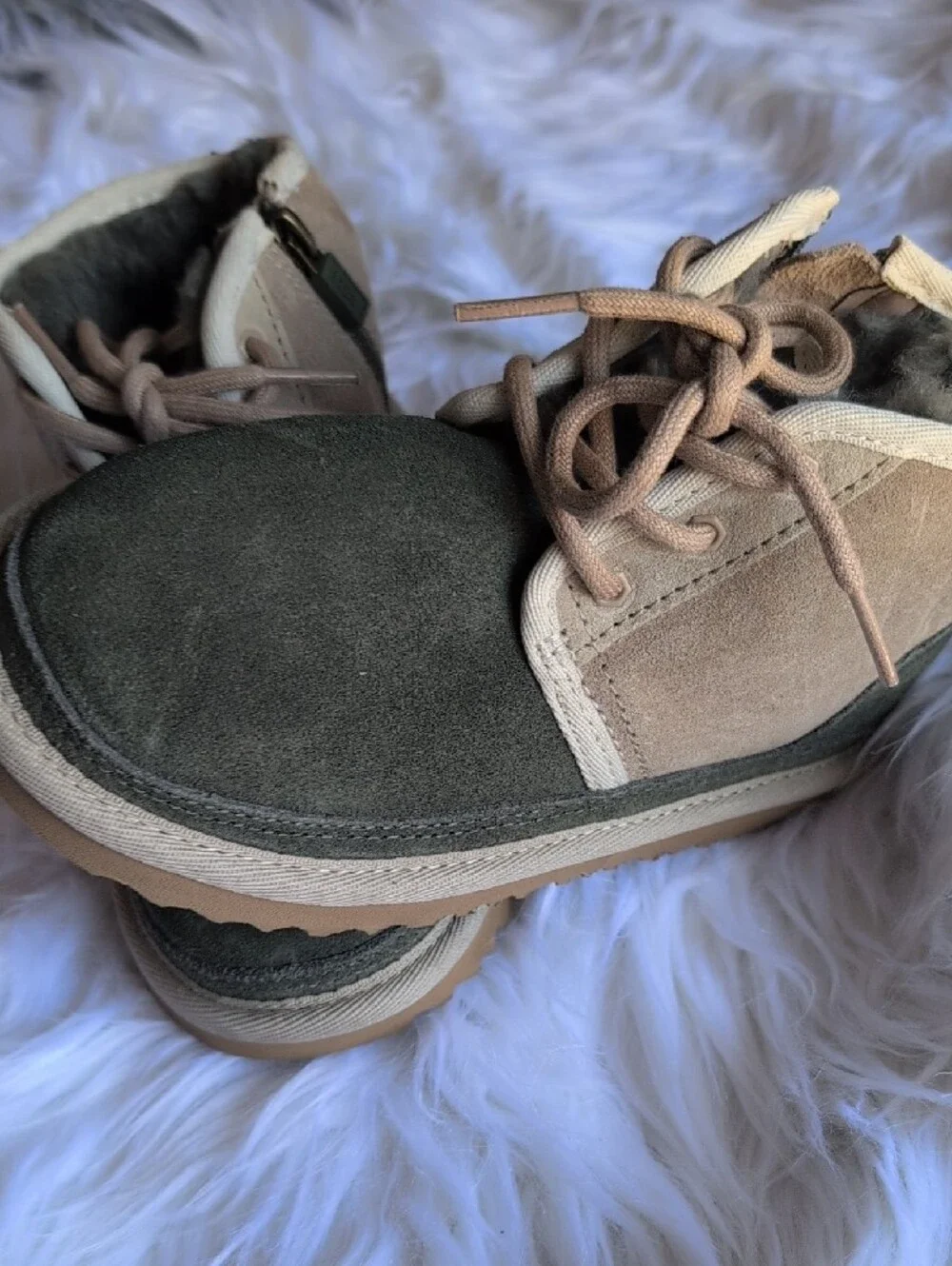 UGG Two-Tone Suede Lace-Up Ankle Boots in Olive Green & Taupe